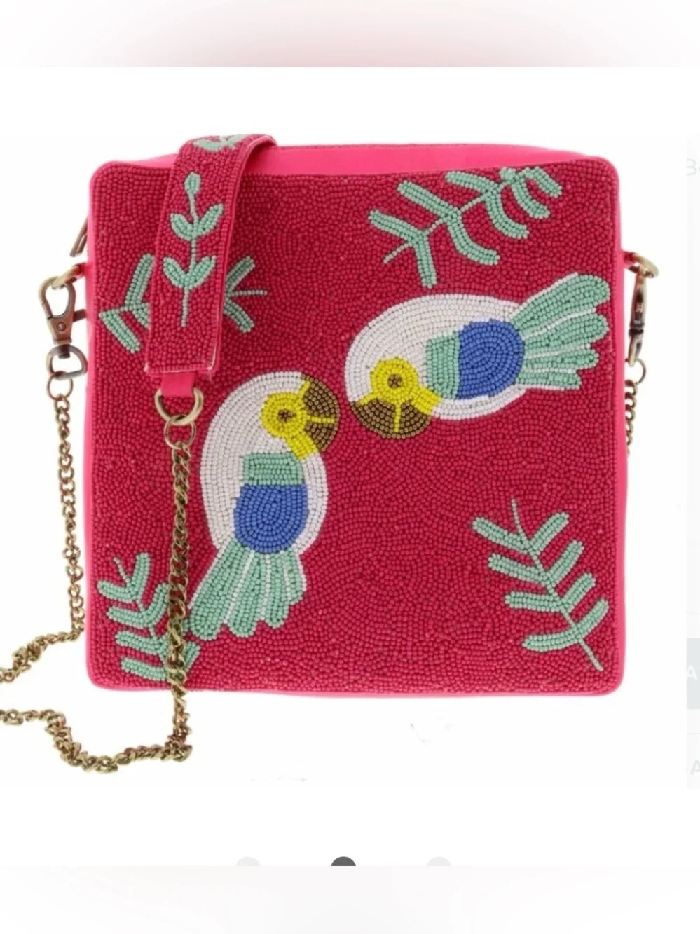 New With tags Hand-Beaded Pink Crossbody Bag with Tropical birds